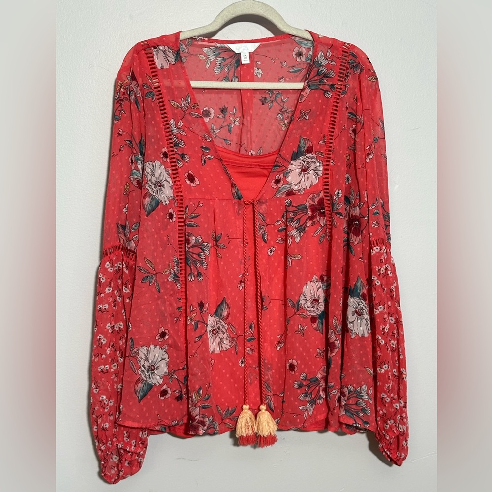 Time And Tru Women’s XXL (20) Coral Sheer Tie Front Floral Top Attached Cami